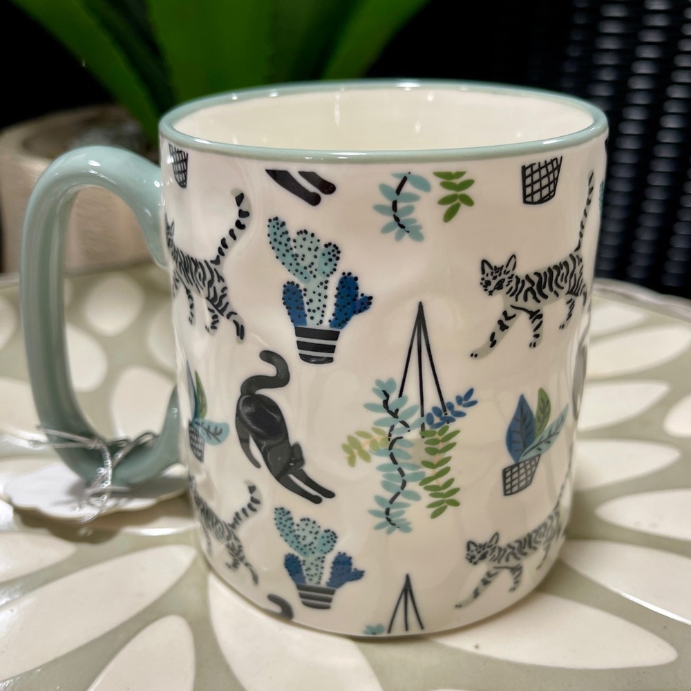 Black Cat & Tabby Cat With Cactus Bella Sage Ceramic Coffee Mug NWT